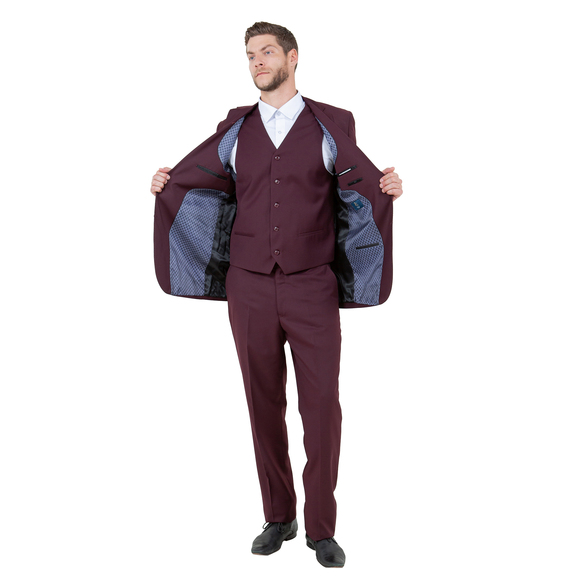 Modern Fit 3pc Wool Mens Suit Set by ZeGarie, Burgundy - Picture 3 of 6